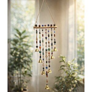 REIMAGINED Glass Bead Wind Chime Suncatcher w/ Brass Bells 28” Handmade